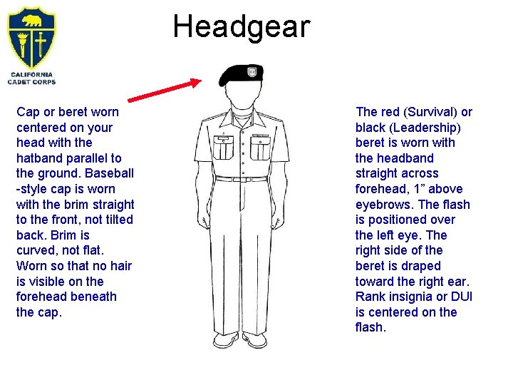 Headgear Cap or beret worn centered on your head with the hatband parallel to Headgear Cap or beret worn centered on your head with the hatband parallel to