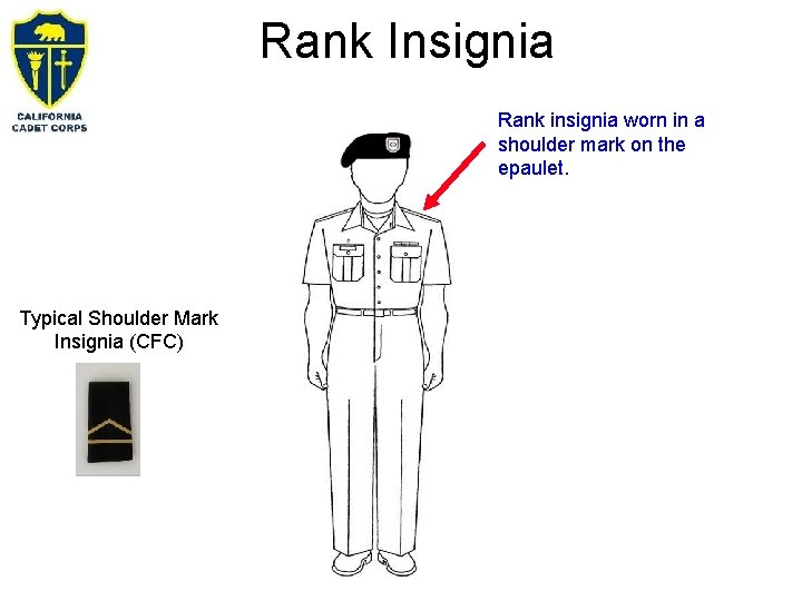 Rank Insignia Rank insignia worn in a shoulder mark on the epaulet. Typical Shoulder Rank Insignia Rank insignia worn in a shoulder mark on the epaulet. Typical Shoulder