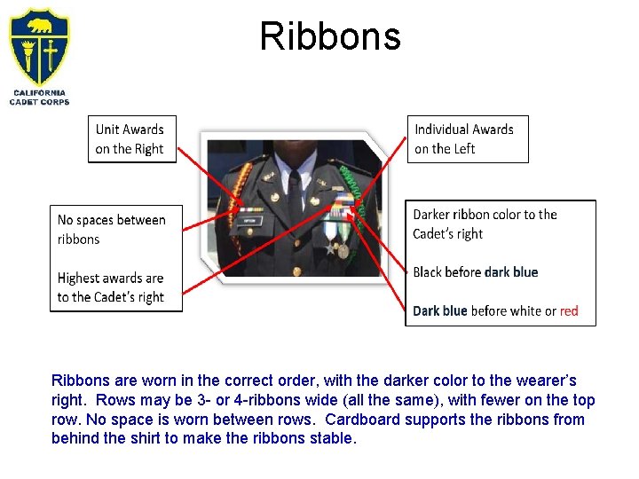Ribbons are worn in the correct order, with the darker color to the wearer’s Ribbons are worn in the correct order, with the darker color to the wearer’s