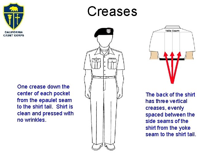 Creases Yoke Seam One crease down the center of each pocket from the epaulet Creases Yoke Seam One crease down the center of each pocket from the epaulet