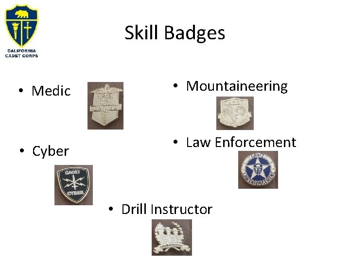 Skill Badges • Medic • Cyber • Mountaineering • Law Enforcement • Drill Instructor Skill Badges • Medic • Cyber • Mountaineering • Law Enforcement • Drill Instructor