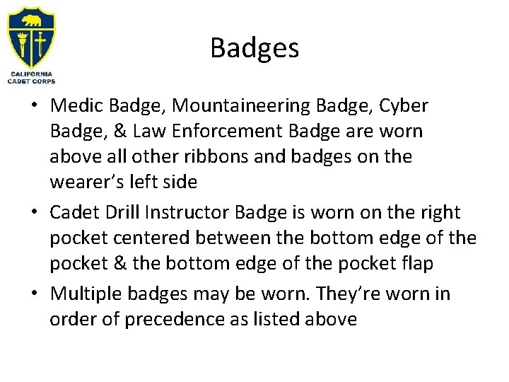 Badges • Medic Badge, Mountaineering Badge, Cyber Badge, & Law Enforcement Badge are worn Badges • Medic Badge, Mountaineering Badge, Cyber Badge, & Law Enforcement Badge are worn
