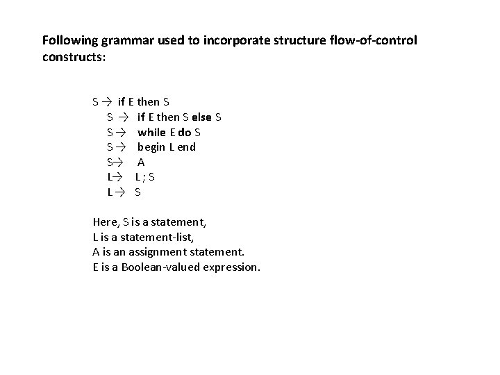 Following grammar used to incorporate structure flow-of-control constructs: S → if E then S