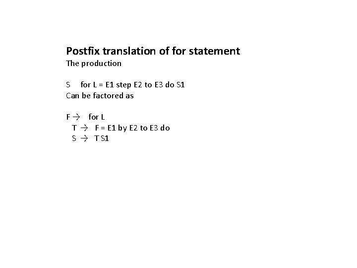 Postfix translation of for statement The production S for L = E 1 step