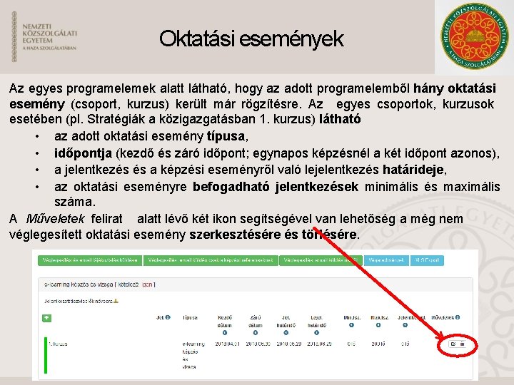 Oktatási események Az egyes programelemek alatt látható, hogy az adott programelemből hány oktatási esemény