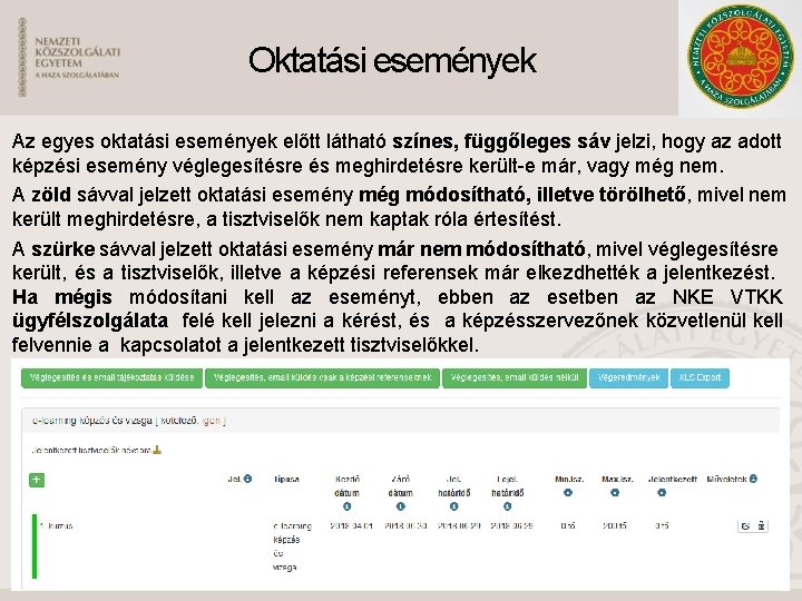 Oktatási események Az egyes oktatási események előtt látható színes, függőleges sáv jelzi, hogy az