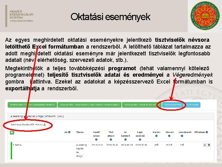 Oktatási események Az egyes meghirdetett oktatási eseményekre jelentkező tisztviselők névsora letölthető Excel formátumban a