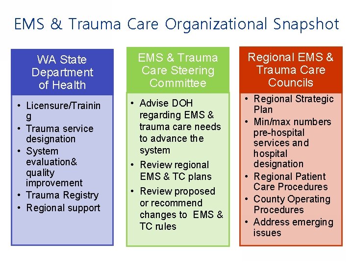 EMS & Trauma Care Organizational Snapshot WA State Department of Health • Licensure/Trainin g