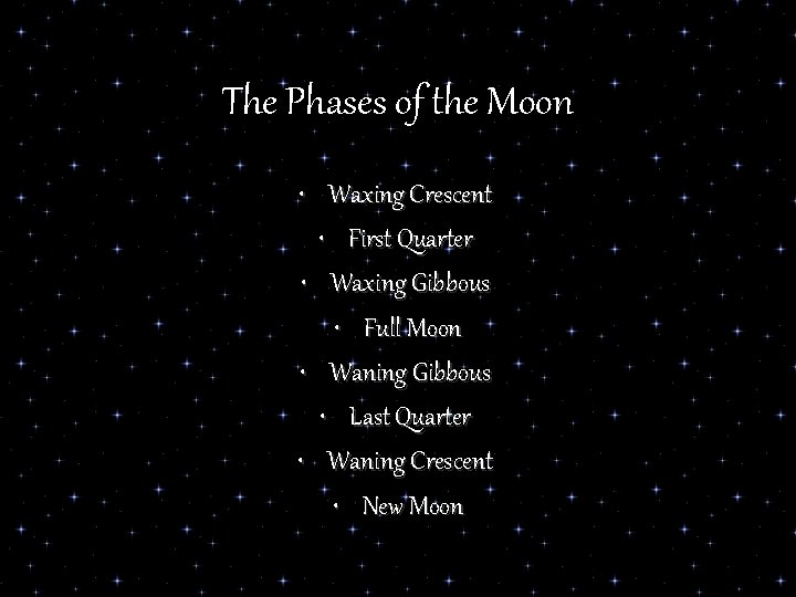 The Phases of the Moon • Waxing Crescent • First Quarter • Waxing Gibbous