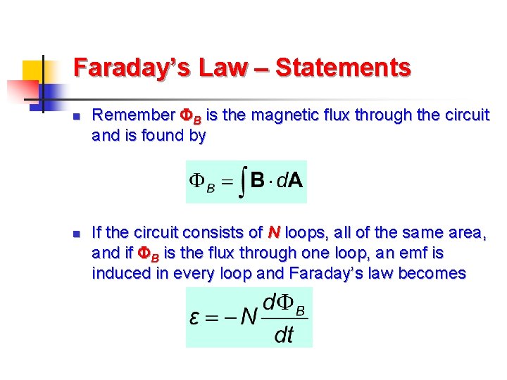 Faraday’s Law – Statements n n Remember FB is the magnetic flux through the