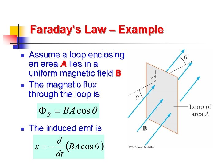 Faraday’s Law – Example n n n Assume a loop enclosing an area A