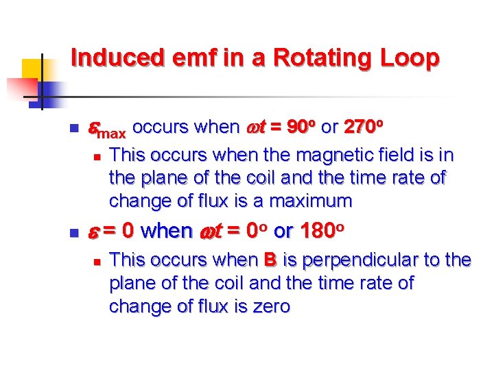 Induced emf in a Rotating Loop n emax occurs when wt = 90 o