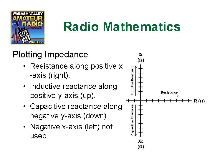 Radio Mathematics Plotting Impedance • Resistance along positive x -axis (right). • Inductive reactance