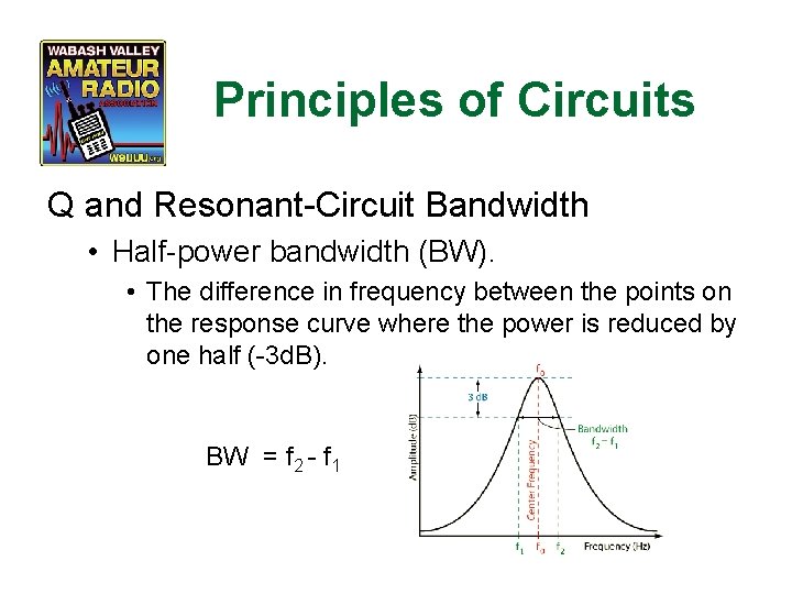 Principles of Circuits Q and Resonant-Circuit Bandwidth • Half-power bandwidth (BW). • The difference