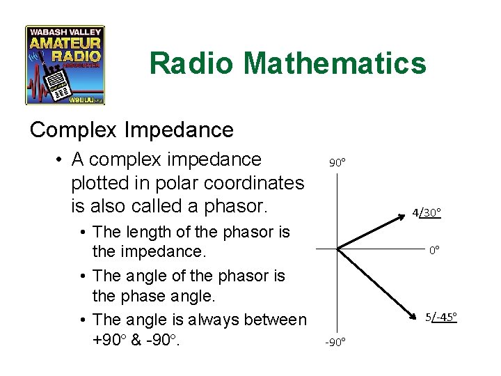 Radio Mathematics Complex Impedance • A complex impedance plotted in polar coordinates is also