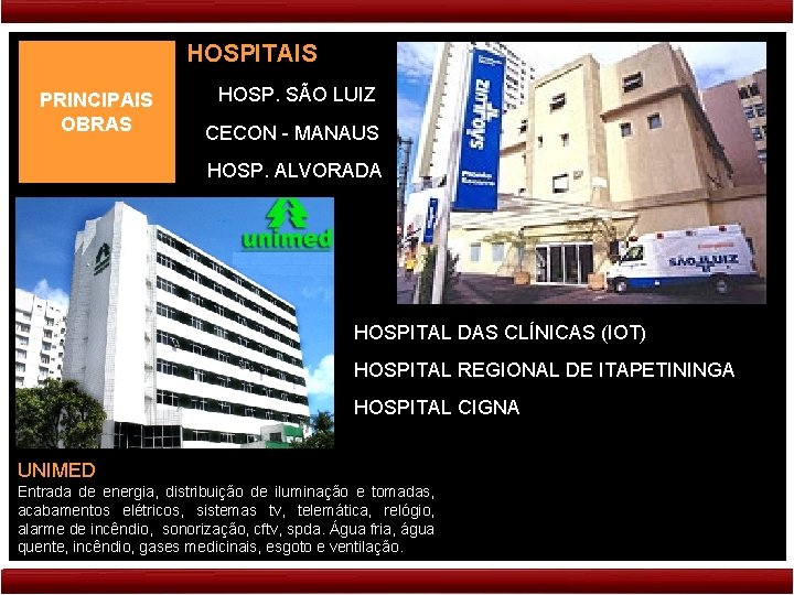 HOSPITAIS PRINCIPAIS OBRAS HOSP. SÃO LUIZ CECON - MANAUS HOSP. ALVORADA HOSPITAL DAS CLÍNICAS