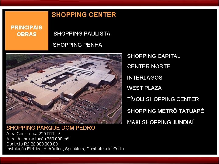 SHOPPING CENTER PRINCIPAIS OBRAS SHOPPING PAULISTA SHOPPING PENHA SHOPPING CAPITAL CENTER NORTE INTERLAGOS WEST