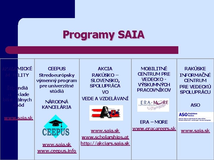 Programy SAIA AKADEMICKÉ MOBILITY Štipendiá na základe bilaterálnych dohôd CEEPUS Stredoeurópsky výmenný program pre