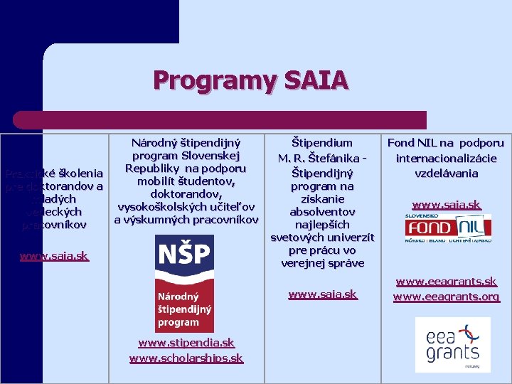 Programy SAIA Národný štipendijný program Slovenskej Republiky na podporu Praktické školenia mobilít študentov, pre