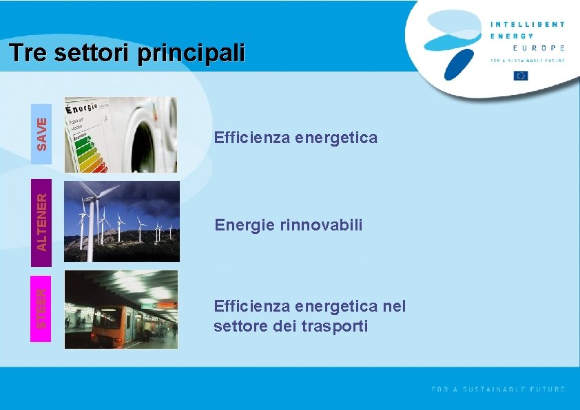 SAVE Energie rinnovabili STEER Efficienza energetica ALTENER Tre settori principali Efficienza energetica nel settore