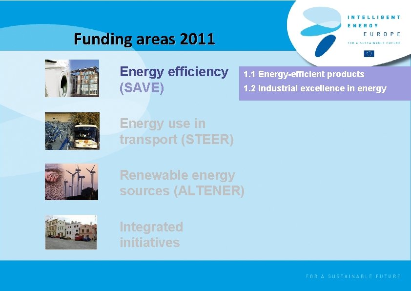Funding areas 2011 Energy efficiency (SAVE) 1. 1 Energy-efficient products 1. 2 Industrial excellence