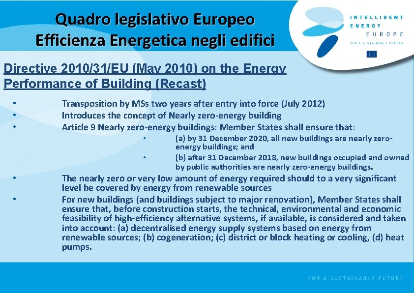 Quadro legislativo Europeo Efficienza Energetica negli edifici Directive 2010/31/EU (May 2010) on the Energy