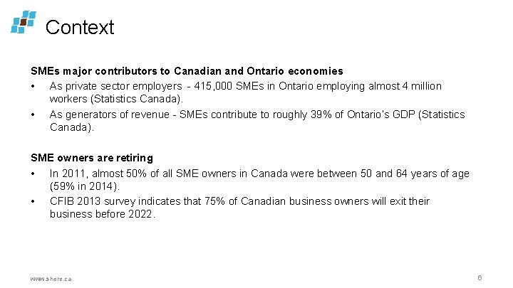 Context SMEs major contributors to Canadian and Ontario economies • As private sector employers