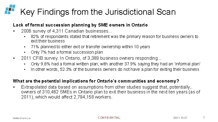 Key Findings from the Jurisdictional Scan Lack of formal succession planning by SME owners
