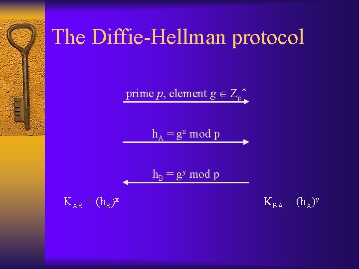 The Diffie-Hellman protocol prime p, element g Zp* h. A = gx mod p