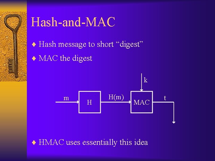 Hash-and-MAC ¨ Hash message to short “digest” ¨ MAC the digest k m H