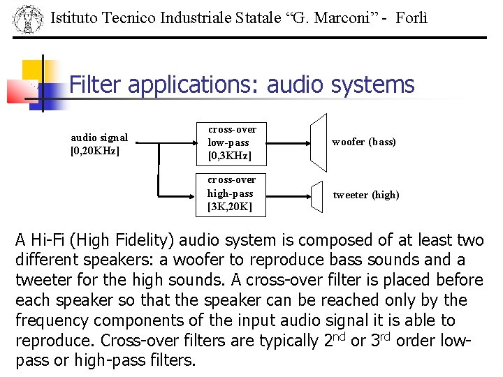 Istituto Tecnico Industriale Statale “G. Marconi” - Forlì Filter applications: audio systems audio signal