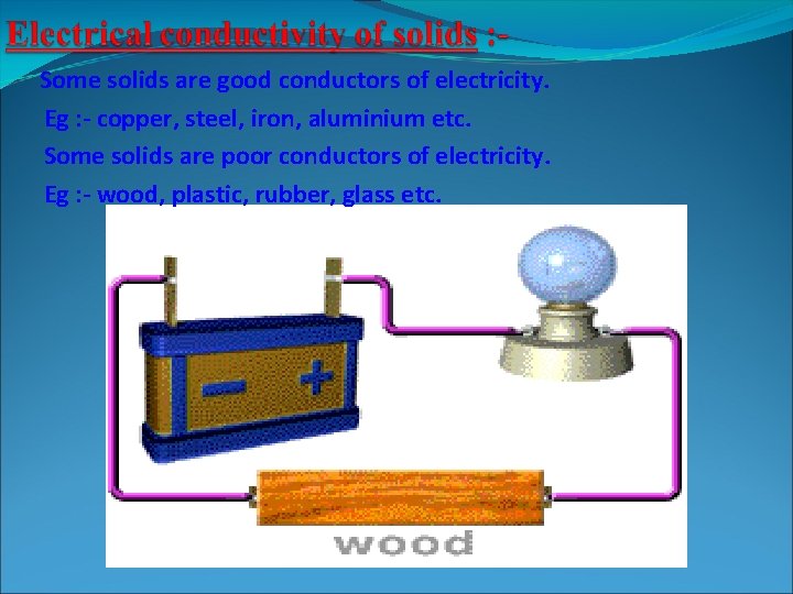 Some solids are good conductors of electricity. Eg : - copper, steel, iron, aluminium