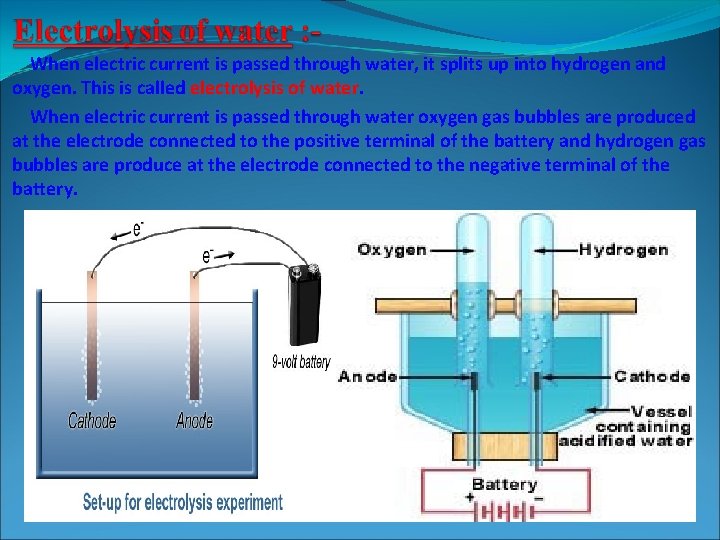 When electric current is passed through water, it splits up into hydrogen and oxygen.