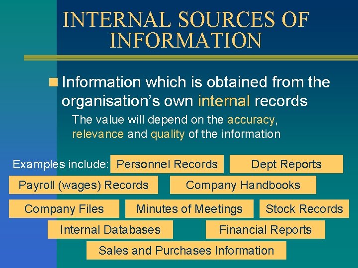 INTERNAL SOURCES OF INFORMATION n Information which is obtained from the organisation’s own internal