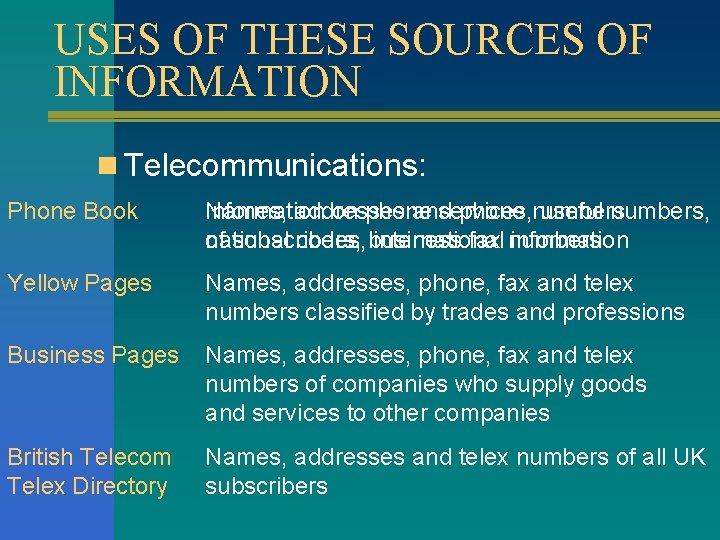 USES OF THESE SOURCES OF INFORMATION n Telecommunications: Phone Book Information Names, addresses on