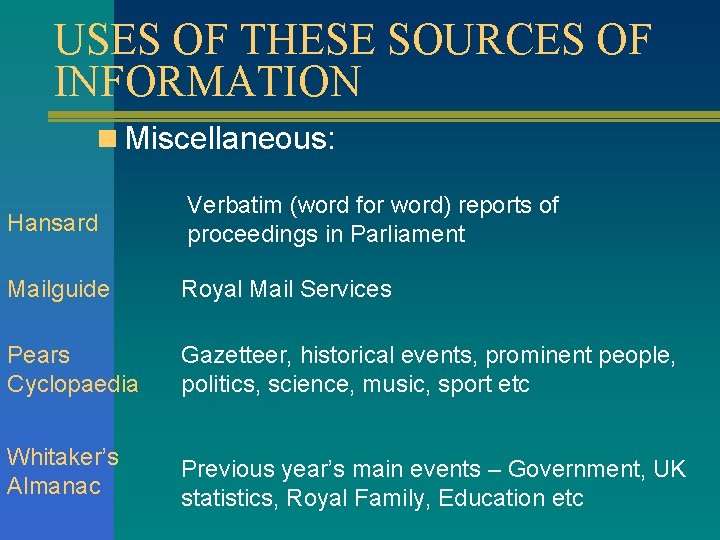 USES OF THESE SOURCES OF INFORMATION n Miscellaneous: Hansard Verbatim (word for word) reports