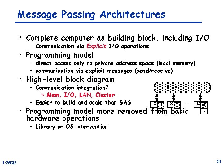 Message Passing Architectures • Complete computer as building block, including I/O – Communication via