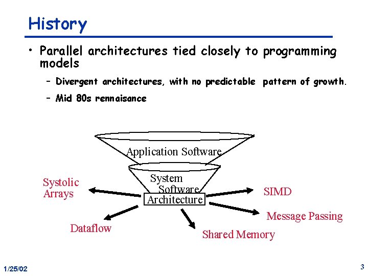 History • Parallel architectures tied closely to programming models – Divergent architectures, with no