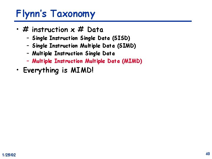 Flynn’s Taxonomy • # instruction x # Data – – Single Instruction Single Data