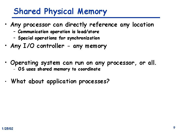 Shared Physical Memory • Any processor can directly reference any location – Communication operation