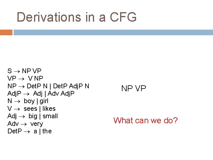 Derivations in a CFG S NP VP VP V NP NP Det. P N