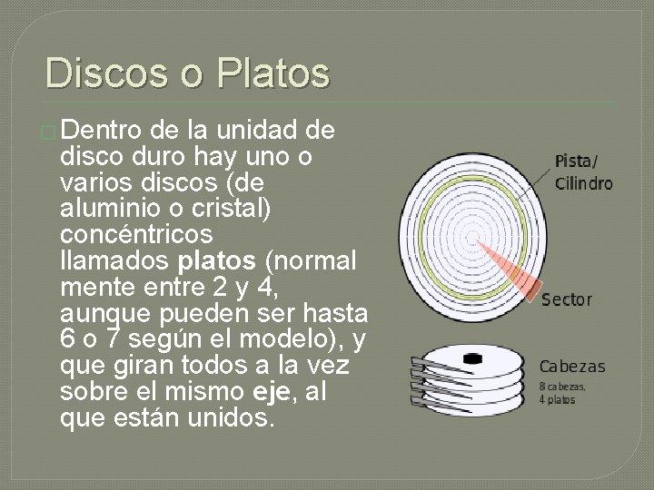 Discos o Platos � Dentro de la unidad de disco duro hay uno o