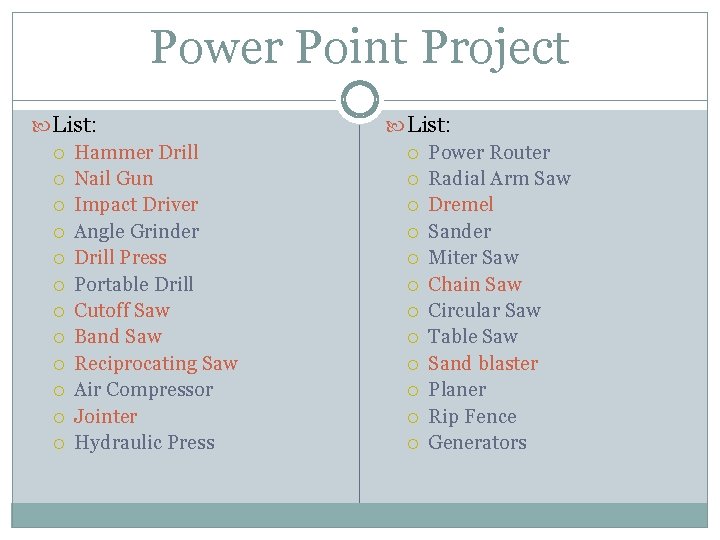 Power Point Project List: Hammer Drill Nail Gun Impact Driver Angle Grinder Drill Press