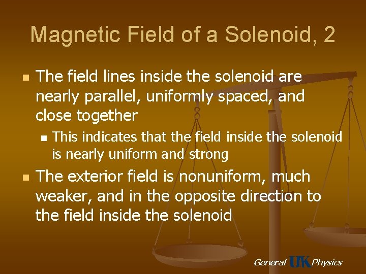 Magnetic Field of a Solenoid, 2 n The field lines inside the solenoid are