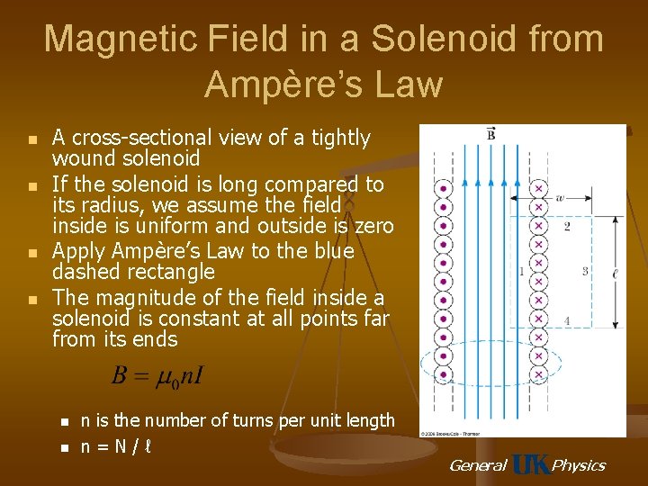 Magnetic Field in a Solenoid from Ampère’s Law n n A cross-sectional view of