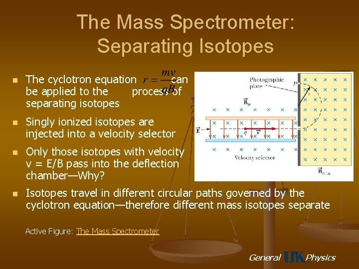 The Mass Spectrometer: Separating Isotopes n n The cyclotron equation can be applied to