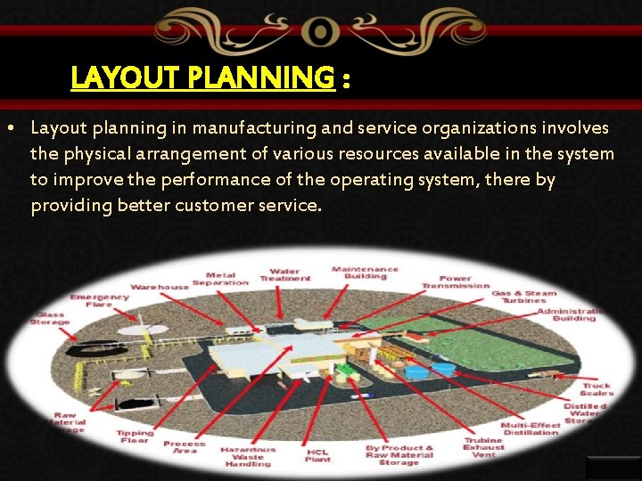 LAYOUT PLANNING : • Layout planning in manufacturing and service organizations involves the physical