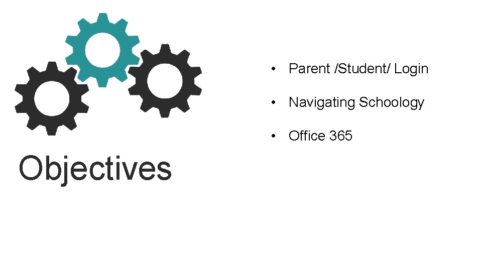  • Parent /Student/ Login • Navigating Schoology • Office 365 Objectives 