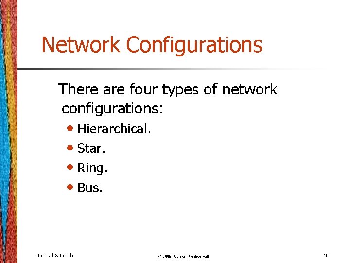 Network Configurations There are four types of network configurations: • Hierarchical. • Star. •
