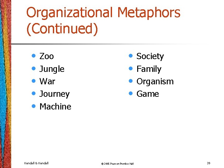Organizational Metaphors (Continued) • • • Zoo Jungle War Journey Machine Kendall & Kendall